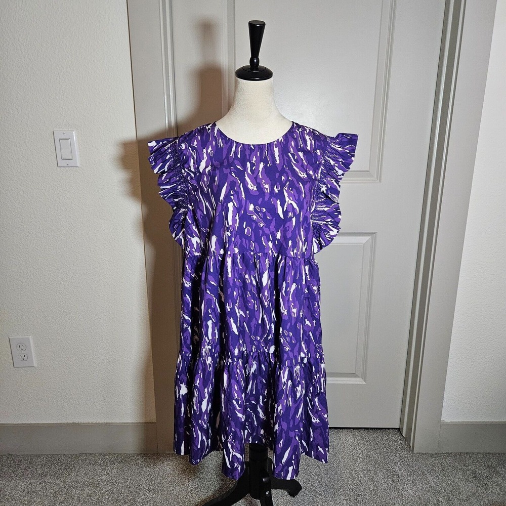 NWOT Michelle McDowell Everly Dress Large Abstract Print Purple White - NEW‎
